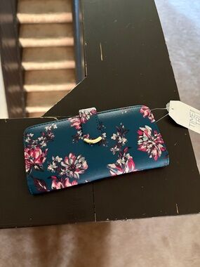 Teal Floral Wallet Clutch with Gold Accent